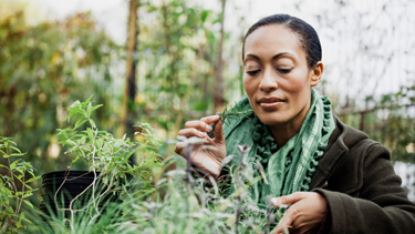 Woman brings an herb to her face in a garden.